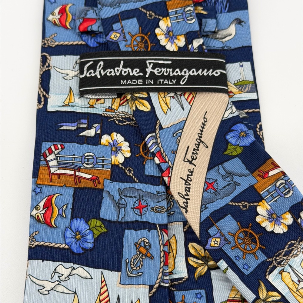 Salvatore Ferragamo Mens Silk Tie Navy Blue Nautical Sailboat Anchor Italy 2803 - Picture 3 of 6